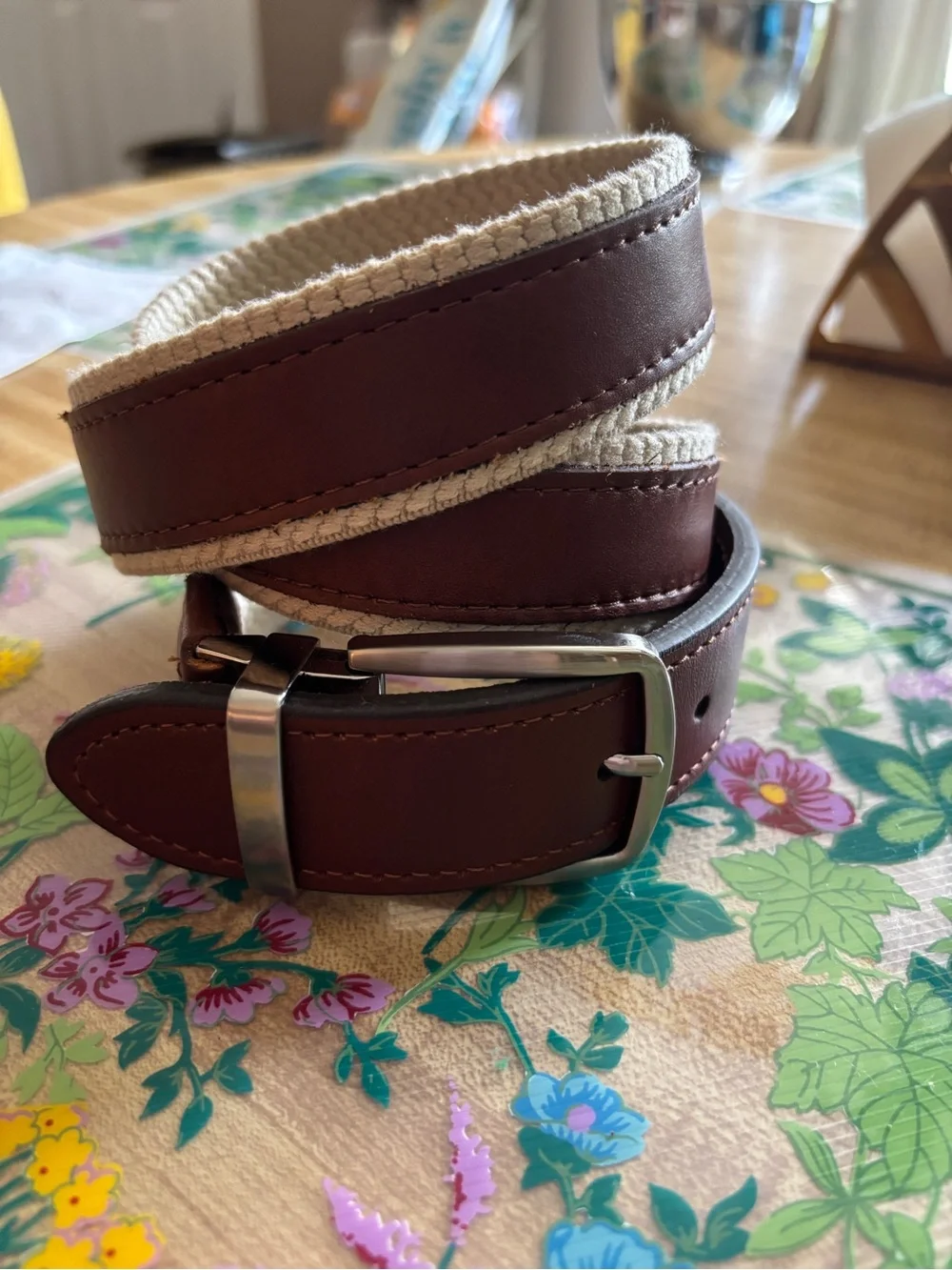Tommy Bahama Brown Leather Belt with Cream Canvas Edge Reversible